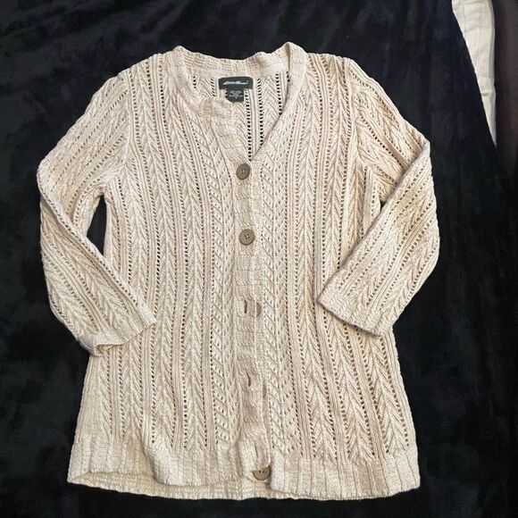 Eddie Bauer‎ beige cardigan sweater 55% linen, size small - Picture 2 of 15